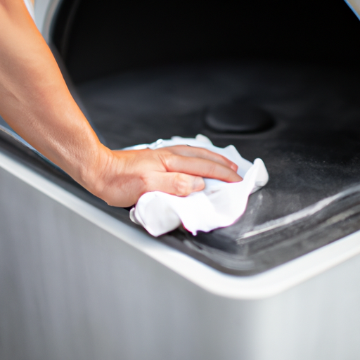 A person cleaning the interior of a cooler with a soft cloth.